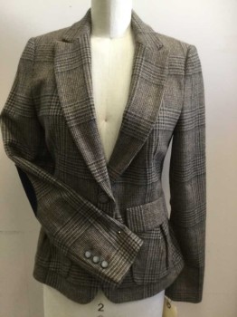 Womens, Blazer, ZARA, Brown, Tan Brown, Black, Acetate, Plaid, XS, Single Breasted, Small Notched Lapel, 1 Button, 2 Flap Pleated Pocket, Elbow Patches