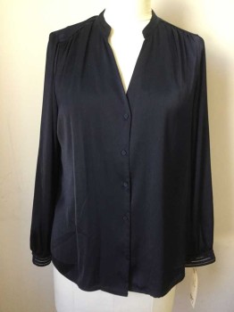 H&M, Midnight Blue, Polyester, Solid, Button Front, Long Sleeves, V-neck, with Band Collar and Cuffs with Fagotting Detail, Self Covered Butons
