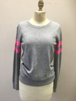 Womens, Pullover, AQUA, Heather Gray, Neon Pink, Cashmere, Solid, Stripes, Xl, Long Sleeves, Pull Over, Solid Gray with Two Neon Pink Stripes on Each Sleeve