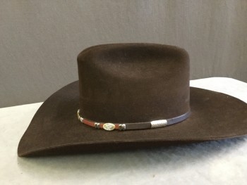 Mens, Cowboy Hat, STETSON, Chocolate Brown, Sienna Brown, Silver, Fur Felt, Solid, 7 , Through Roads, Decorative Felt Band with Leather And Silver Details