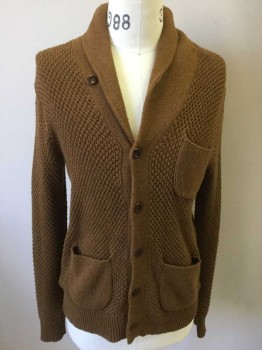 Mens, Cardigan Sweater, J Crew, Caramel Brown, Cotton, Cable Knit, S, Cardigan: Shawl Collar B.f Side Pkt & 2 Front Pockets