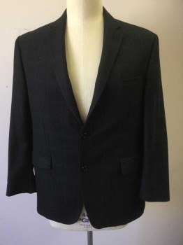 Mens, Sportcoat/Blazer, N/L, Black, Gray, Wool, Plaid-  Windowpane, Herringbone, 46T, Single Breasted, Collar Attached, Notched Lapel, 2 Buttons,  3 Pockets