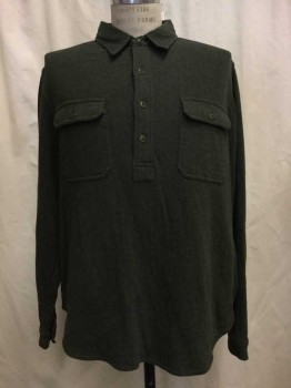 Mens, Casual Shirt, RRL, Olive Green, Cotton, Wool, Heathered, XL, Heather Olive, 4 Buttons, Collar Attached, 2 Flap Pockets Long Sleeves,