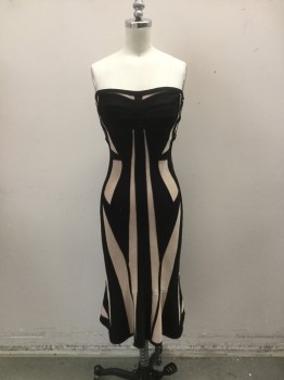 Womens, Cocktail Dress, HERVE LEGER, Black, Beige, Synthetic, Solid, 28, 32, Black & Beige Fitted Panels in Bold Abstract Shapes. Strapless. Kick Flare at Knee Length