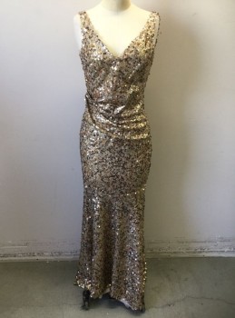 Womens, Evening Gown, DAVID MEISTER, Beige, Gold, Polyester, Sequins, 6, Beige Net Covered in Gold Paillettes, Sleeveless, V-neck, Solid Opaque Polyester Underlayer, Floor Length Hem