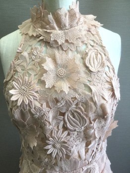 Womens, Cocktail Dress, NICHOLAS, Blush Pink, Polyester, Spandex, Floral, 4, 3 Dimensional Flowers Lace-work, Sleeveless, Opaque Strapless Base Layer, High Round Neck, Hem Above Knee