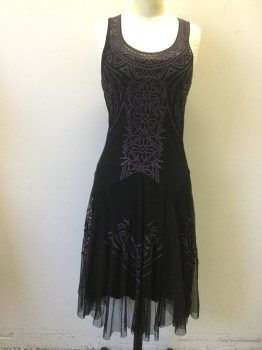 Womens, Cocktail Dress, BIYA, Black, Synthetic, Solid, Abstract , XS, Swiss Dot Mesh with Purple Embroidery, Scoop Neck, Sleeveless, Drop Waist, Gathered Panel Skirt, Black Racerback Slip