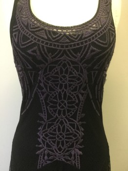 Womens, Cocktail Dress, BIYA, Black, Synthetic, Solid, Abstract , XS, Swiss Dot Mesh with Purple Embroidery, Scoop Neck, Sleeveless, Drop Waist, Gathered Panel Skirt, Black Racerback Slip