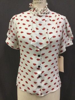 N/L, Cream, Red, Black, Silk, Novelty Pattern, Ruffle Stand Collar with Attached Fall, Short Puff Sleeves, Button Front, Cheeky Lip Print, Buttons Have Been Stitched onto the Button Holes and Snaps Have Been Added