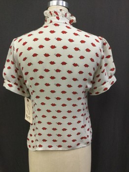 N/L, Cream, Red, Black, Silk, Novelty Pattern, Ruffle Stand Collar with Attached Fall, Short Puff Sleeves, Button Front, Cheeky Lip Print, Buttons Have Been Stitched onto the Button Holes and Snaps Have Been Added