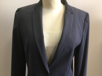 Womens, Blazer, ELLIE TAHARI, Navy Blue, Wool, Solid, 6, Heathered Dark Blue with Navy Insets, Notched Lapel, Snap Closure, Slit  Pockets