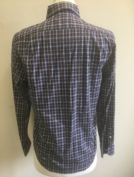 NAUTICA, Navy Blue, Maroon Red, White, Cotton, Lyocell, Plaid-  Windowpane, Long Sleeve Button Front, Collar Attached, Button Down Collar, 1 Patch Pocket