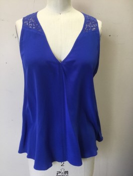 REBECCA TAYLOR, Royal Blue, Silk, Cotton, Solid, Crepe De Chine, Sleeveless, V-neck, Cotton Crochet Lace at Shoulders and Back, Vertically Pleated Detail Down Center Back, Pullover