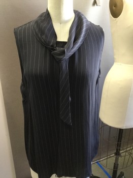THEORY, Black, Gray, Silk, Stripes - Pin, Solid, Collar Attached, with Tie , Sleeveless