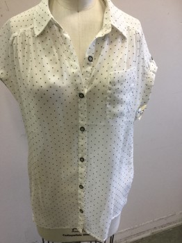 QUICK SILVER, White, Black, Polyester, Polka Dots, Sheer, Short Sleeves, Button Front, Collar Attached,  Chest Pocket