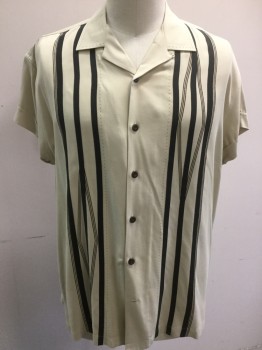 Mens, Casual Shirt, NAT NAST, Beige, Black, Silk, Stripes - Vertical , Diamonds, XXL, Black Chain Stitch, Button Front, Short Sleeves, 1 Pocket, Collar Attached, Hand Picked Collar Detail, Double,