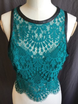 BEBE, Teal Green, Black, Cotton, Leather, Floral, Solid, Teal Green Lace with Teal Green Lining,  Black Leather Trim Round Neck, Sleeveless Arm Holes, Zip Back,
