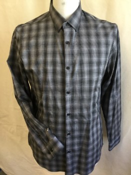 CALIBRATE, Black, Gray, Cotton, Plaid, Collar Attached, Button Front, Long Sleeves,