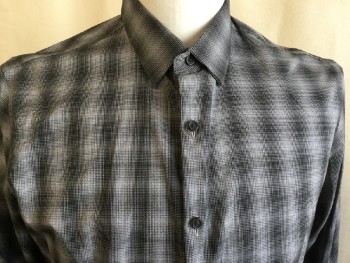 CALIBRATE, Black, Gray, Cotton, Plaid, Collar Attached, Button Front, Long Sleeves,