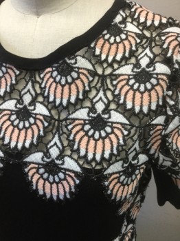 Womens, Dress, Short Sleeve, YYIGAL, Black, Peach Orange, White, Rayon, Nylon, Solid, Abstract , S, Sleeves, Shoulders and Sides are Black with Peach and White Abstract Patterned Lacework, Short Sleeves, Round Neck,  Body of Dress is Solid Black, A-Line, Knee Length
