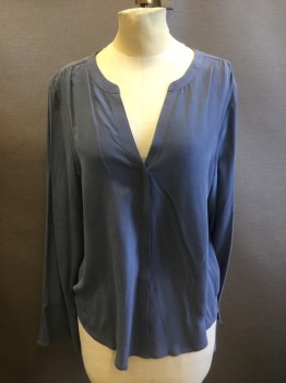 JOIE, Slate Blue, Silk, Solid, Washed Texture, Band Collar V-N, Hidden Placket Button Front, Long Sleeves with Loose Ruffle Cuff