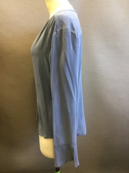 JOIE, Slate Blue, Silk, Solid, Washed Texture, Band Collar V-N, Hidden Placket Button Front, Long Sleeves with Loose Ruffle Cuff