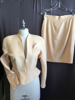 Womens, 1990s Vintage, Suit, Jacket, THIERY MUGLER, Peach Orange, Wool, Polyester, Solid, W:  28, 6, H:  39, No Collar Attached, Single Breasted, Deep V-neck, 1 Triangle Snap Button Front, Long Sleeves with Matching Button at Cuffs,  with Matching Skirt