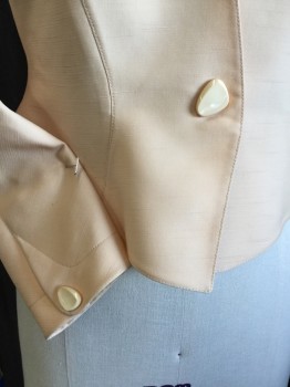 Womens, 1990s Vintage, Suit, Jacket, THIERY MUGLER, Peach Orange, Wool, Polyester, Solid, W:  28, 6, H:  39, No Collar Attached, Single Breasted, Deep V-neck, 1 Triangle Snap Button Front, Long Sleeves with Matching Button at Cuffs,  with Matching Skirt