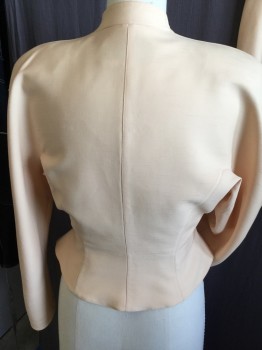 THIERY MUGLER, Peach Orange, Wool, Polyester, Solid, No Collar Attached, Single Breasted, Deep V-neck, 1 Triangle Snap Button Front, Long Sleeves with Matching Button at Cuffs,  with Matching Skirt