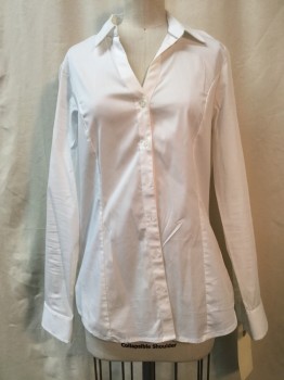 EXPRESS, White, Cotton, Nylon, Solid, Button Front, Collar Attached, V-neck, Long Sleeves,