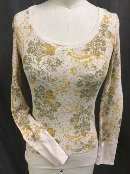 DEGREE, Beige, Mustard Yellow, Olive Green, Cotton, Polyester, Floral, Beige with Olive/mustard Ornate Floral Print Waffle, Solid Beige Scoop neck Trim, Long Sleeves Cuffs, & Hem