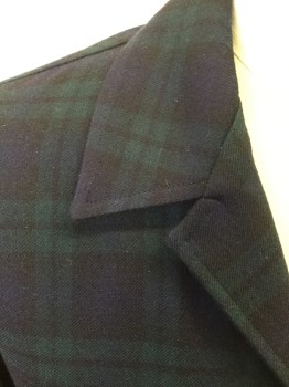 Mens, Coat, Overcoat, N/L, Navy Blue, Dk Green, Wool, Plaid, 42L, Button Front, Collar Attached, Notched Lapel, 2 Pockets
