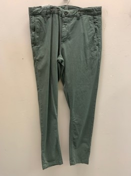 Mens, Casual Pants, ZARA, Olive Green, Cotton, Solid, 32/32, Side Pockets Zip Front, Flat Front