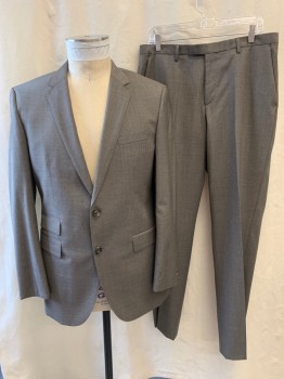 HUGO BOSS, Lt Brown, Charcoal Gray, Wool, Plaid-  Windowpane, Notched Lapel, Single Breasted, Button Front, 2 Buttons, 4 Pockets