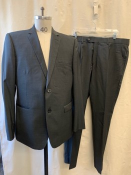 Mens, Suit, Jacket, NO LABEL, Dk Gray, Wool, Heathered, 42S, Notched Lapel, Single Breasted, Button Front, 3 Pockets