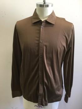 HUGO BOSS, Brown, Cotton, Solid, Self Diagonal Stripes, Button Front, Collar Attached, Long Sleeves