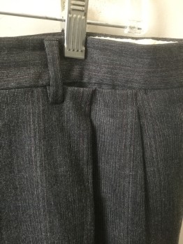 CORNELIANI, Charcoal Gray, White, Red, Wool, Stripes - Micro, Grid , Charcoal with White Microstripes, Faint Red and White Grid Stripes, Double Pleated, Button Tab Waist, Zip Fly, 5 Pockets Including 1 Watch Pocket on Left Side, Relaxed Leg