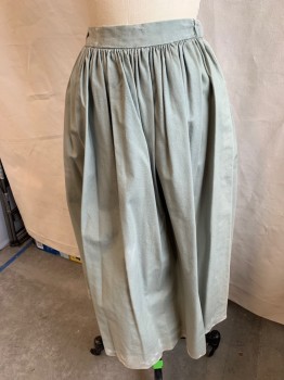 Womens, Historical Fiction Skirt, MTO, Sage Green, Polyester, Cotton, Solid, W:26, Gathered with 1.3" Waistband, Black Snaps &  Hook Back, 3/4 Length, (frayed/worn Out Holes on Waistband & Hem)