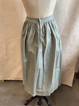 Womens, Historical Fiction Skirt, MTO, Sage Green, Polyester, Cotton, Solid, W:26, Gathered with 1.3" Waistband, Black Snaps &  Hook Back, 3/4 Length, (frayed/worn Out Holes on Waistband & Hem)