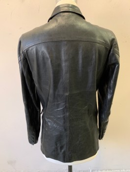 Mens, Leather Jacket, JONATHAN A LOGAN, Black, Leather, Solid, 38, 3 Buttons, Peaked Lapel, 2 Pockets with Flaps, Angled Yoke at Chest