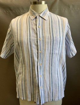 TASSO ELBA ISLAND, White, Lt Blue, Beige, Linen, Cotton, Stripes - Vertical , Stripes of Varying Widths, Short Sleeve Button Front, Collar Attached, 1 Patch Pocket