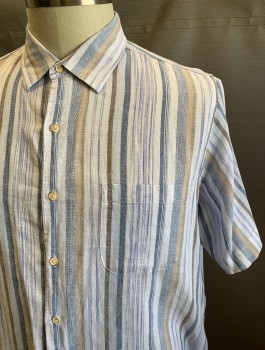 TASSO ELBA ISLAND, White, Lt Blue, Beige, Linen, Cotton, Stripes - Vertical , Stripes of Varying Widths, Short Sleeve Button Front, Collar Attached, 1 Patch Pocket