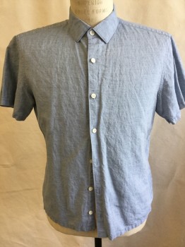 THEORY, Slate Blue, Linen, Cotton, Heathered, Collar Attached, Button Front, Short Sleeves,