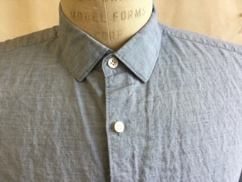 THEORY, Slate Blue, Linen, Cotton, Heathered, Collar Attached, Button Front, Short Sleeves,