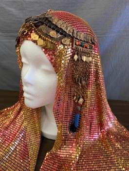 Unisex, Historical Fiction Headpiece, N/L MTO, Copper Metallic, Gold, Metallic/Metal, Beaded, Copper Gold Mesh Over Black Felt Cap, Gold Hanging Tassles with Multicolor Beads Along Forehead, Made To Order