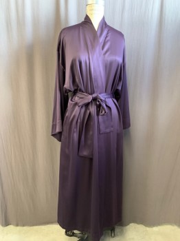 NATORI, Aubergine Purple, Polyester, Solid, Open Front, Shawl Collar, 3/4 Sleeve, Self Belt, Ankle Length, 2 Pockets