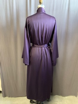Womens, SPA Robe, NATORI, Aubergine Purple, Polyester, Solid, S, Open Front, Shawl Collar, 3/4 Sleeve, Self Belt, Ankle Length, 2 Pockets