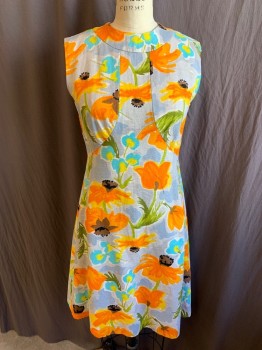 N/L, Off White, Gray, Orange, Yellow, Turquoise Blue, Linen, Floral, 1.5" Seam Crew Neck, Solid Yellow Lining,  Sleeveless, Zip Back, Flare Bottom