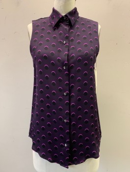 CYNTHIA ROWLEY, Plum Purple, Magenta Purple, Black, Silk, Lycra, Dots, Rhinestone Button Front, Collar Attached, Sleeveless