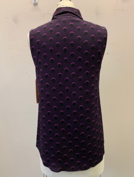 CYNTHIA ROWLEY, Plum Purple, Magenta Purple, Black, Silk, Lycra, Dots, Rhinestone Button Front, Collar Attached, Sleeveless